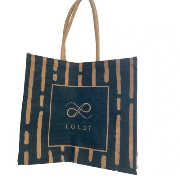 LOLOI Jute / Burlap Blue Green Tote Bag - Picture 8 of 9